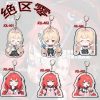 Six different Zenless Zone Zero acrylic keychains featuring chibi Alice and Ukiha Yuzuha sipping bubble tea and posing with funny expressions.