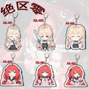 Six different Zenless Zone Zero acrylic keychains featuring chibi Alice and Ukiha Yuzuha sipping bubble tea and posing with funny expressions.