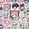 A pile of die-cut Zenless Zone Zero chibi vinyl stickers featuring green-haired Sunna blushing and pink-haired Aria singing into a microphone.