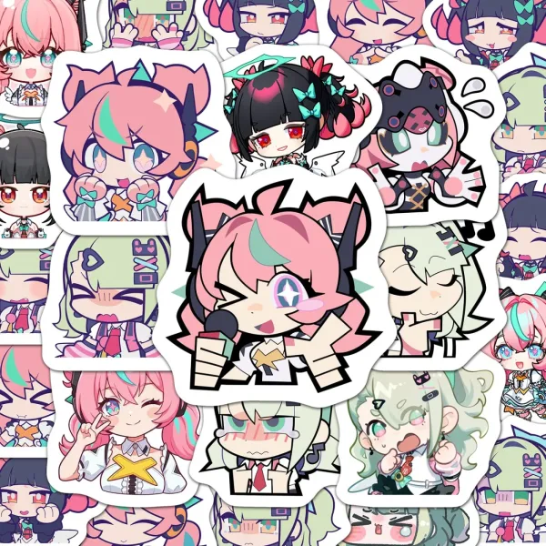 A pile of die-cut Zenless Zone Zero chibi vinyl stickers featuring green-haired Sunna blushing and pink-haired Aria singing into a microphone.