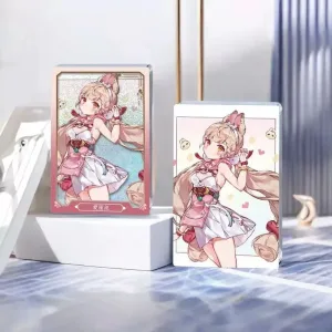 Thick rectangular Zenless Zone Zero acrylic mahjong block and a matching round badge showcasing character Alice with blonde braided hair, rabbit ears, and golden eyes on a glittering pink background.