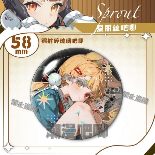 Round 58mm Zenless Zone Zero tinplate badge showcasing character Alice with blonde braided hair, rabbit ears, and orange eyes under a glittering shattered glass holographic layer.