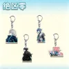 Four separate Zenless Zone Zero acrylic keychains showcasing stylized agents with silver hair, a dark coat, a cat ear hood, and a pink bunny costume on metal clasps