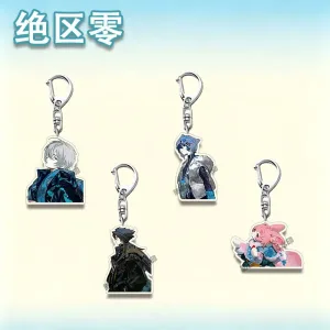 Four separate Zenless Zone Zero acrylic keychains showcasing stylized agents with silver hair, a dark coat, a cat ear hood, and a pink bunny costume on metal clasps