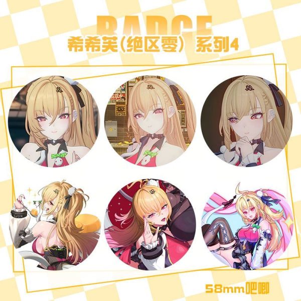 Collection of round 58mm Zenless Zone Zero tinplate badges showcasing agent Cissia in various expressions, chibi styles, and tactical N.E.P.S. outfits.