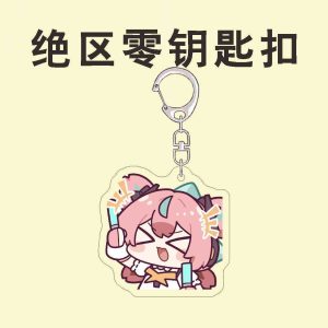 Collection of ZZZ chibi acrylic keychains featuring Eri, Chinatsu, and Nangong Yu with funny emoji and meme expressions.