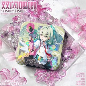 50mm square Zenless Zone Zero character badges with colorful holographic double-flash effects and reflective agent art.