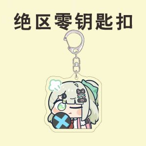 Collection of ZZZ chibi acrylic keychains featuring Eri, Chinatsu, and Nangong Yu with funny emoji and meme expressions.