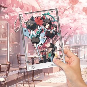 High-transparency ZZZ acrylic transparent cards featuring characters Nangong Yu and Cissia in combat poses with a ball chain attachment.