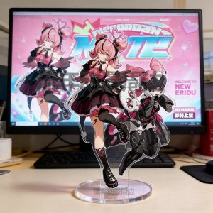 A high-definition acrylic standee of Chinatsu in a maid outfit with a megaphone, Eri in a pink gothic dress, and Nangong Yu with dual maces on a desktop