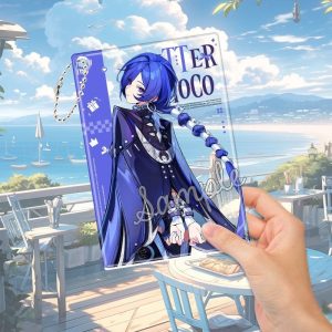 High-transparency ZZZ Promeia acrylic transparent cards in various styles, including a "Bitter Choco" design and an adorable chibi version with a dog, held up against a sunny background.
