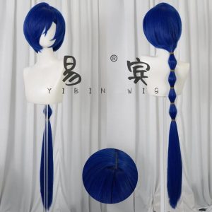Premium blue cosplay wig for Promeia from Zenless Zone Zero featuring a pre-styled long lantern braid and a realistic simulated scalp parting.