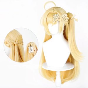 High-quality blonde ZZZ Cissia cosplay wig on a mannequin, featuring a detached claw-clip ponytail attachment and a detailed simulated scalp top.