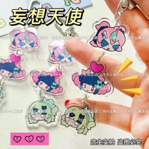 Zenless Zone Zero linked acrylic keychain featuring chibi versions of Eri, Nangong Yu, and Chinatsu in a vertical triple-stack design.