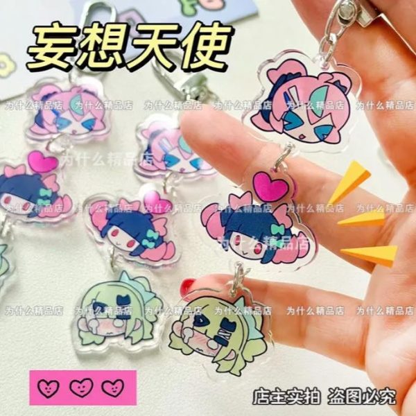 Zenless Zone Zero linked acrylic keychain featuring chibi versions of Eri, Nangong Yu, and Chinatsu in a vertical triple-stack design.