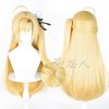 High-quality blonde ZZZ Cissia cosplay wig on a mannequin, featuring a detached claw-clip ponytail attachment and a detailed simulated scalp top.