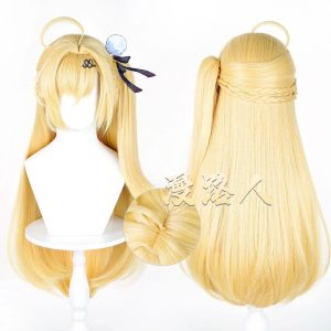 High-quality blonde ZZZ Cissia cosplay wig on a mannequin, featuring a detached claw-clip ponytail attachment and a detailed simulated scalp top.