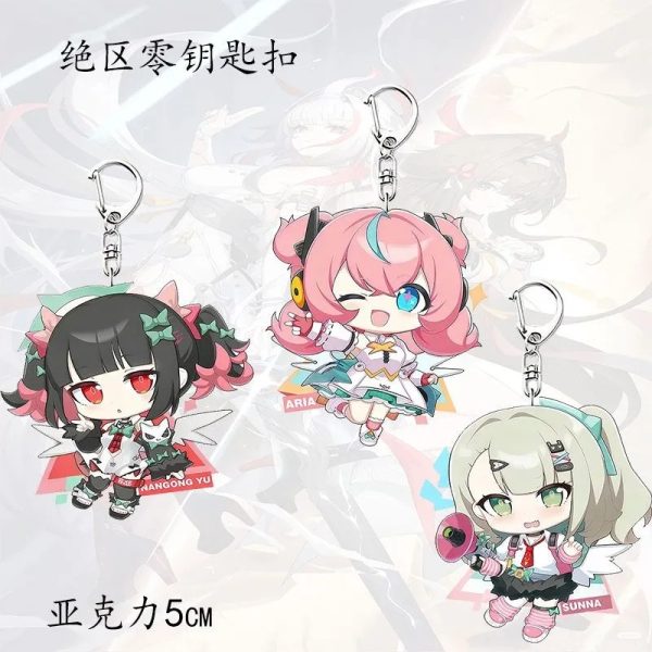 Zenless Zone Zero acrylic keychain with chibi anime characters, transparent double-sided keyring charm for backpack, handbag, keys and accessories, collectible HoYoverse game merchandise.