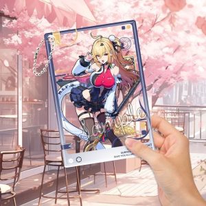 High-transparency ZZZ acrylic transparent cards featuring characters Nangong Yu and Cissia in combat poses with a ball chain attachment.