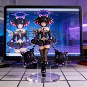 A high-definition acrylic standee of Chinatsu in a maid outfit with a megaphone, Eri in a pink gothic dress, and Nangong Yu with dual maces on a desktop