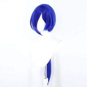 High-quality blue cosplay wig for Promethia from Zenless Zone Zero ZZZ featuring a long pre-styled lantern braid and a realistic side-parting.