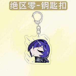 Collection of four ZZZ chibi acrylic keychains featuring Pulomiya and Billy Kid with funny emoji expressions like sad rain and blowing hearts