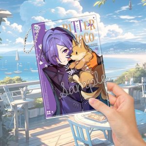 High-transparency ZZZ Promeia acrylic transparent cards in various styles, including a "Bitter Choco" design and an adorable chibi version with a dog, held up against a sunny background.