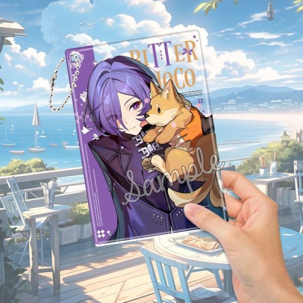 High-transparency ZZZ Promeia acrylic transparent cards in various styles, including a "Bitter Choco" design and an adorable chibi version with a dog, held up against a sunny background.