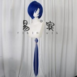 Premium blue cosplay wig for Promeia from Zenless Zone Zero featuring a pre-styled long lantern braid and a realistic simulated scalp parting.