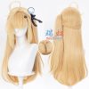 High-quality blonde ZZZ Cissia cosplay wig on a mannequin, featuring a 45cm claw clip ponytail and a realistic top scalp.
