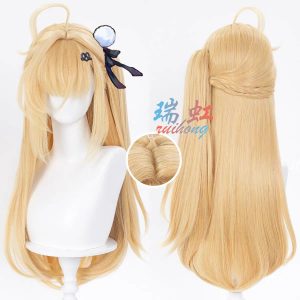 High-quality blonde ZZZ Cissia cosplay wig on a mannequin, featuring a 45cm claw clip ponytail and a realistic top scalp.