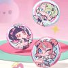 Rare ZZZ Gratte collaboration chibi badges of Eri, Chinatsu, and Nangong Yu with a shimmering holographic finish.