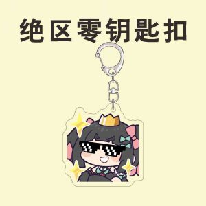 Collection of ZZZ chibi acrylic keychains featuring Eri, Chinatsu, and Nangong Yu with funny emoji and meme expressions.