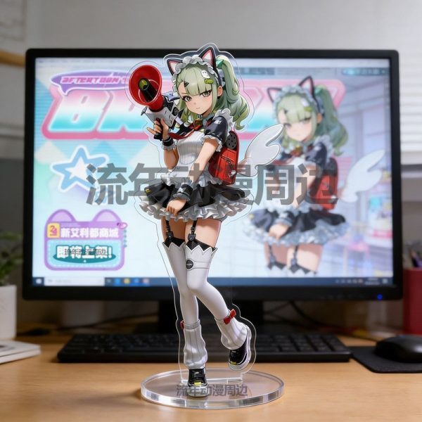 A high-definition acrylic standee of Chinatsu in a maid outfit with a megaphone, Eri in a pink gothic dress, and Nangong Yu with dual maces on a desktop