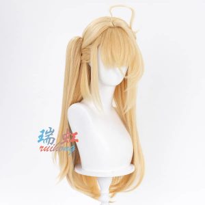 High-quality blonde ZZZ Cissia cosplay wig on a mannequin, featuring a 45cm claw clip ponytail and a realistic top scalp.