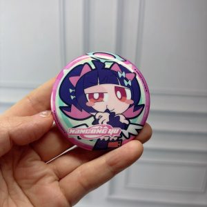 Rare ZZZ Gratte collaboration chibi badges of Eri, Chinatsu, and Nangong Yu with a shimmering holographic finish.