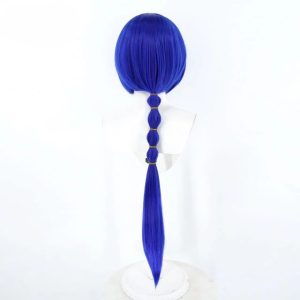High-quality blue cosplay wig for Promethia from Zenless Zone Zero ZZZ featuring a long pre-styled lantern braid and a realistic side-parting.