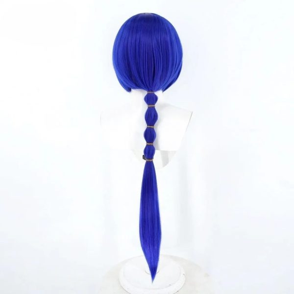 High-quality blue cosplay wig for Promethia from Zenless Zone Zero ZZZ featuring a long pre-styled lantern braid and a realistic side-parting.
