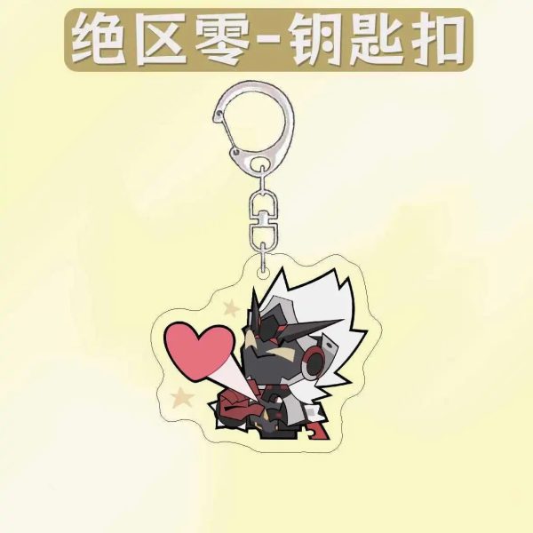 Collection of four ZZZ chibi acrylic keychains featuring Pulomiya and Billy Kid with funny emoji expressions like sad rain and blowing hearts