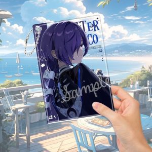 High-transparency ZZZ Promeia acrylic transparent cards in various styles, including a "Bitter Choco" design and an adorable chibi version with a dog, held up against a sunny background.