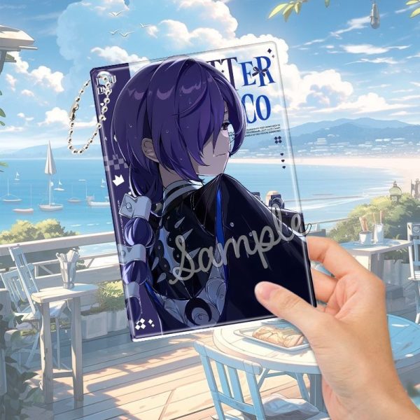 High-transparency ZZZ Promeia acrylic transparent cards in various styles, including a "Bitter Choco" design and an adorable chibi version with a dog, held up against a sunny background.
