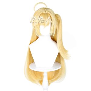 High-quality blonde ZZZ Cissia cosplay wig on a mannequin, featuring a detached claw-clip ponytail attachment and a detailed simulated scalp top.