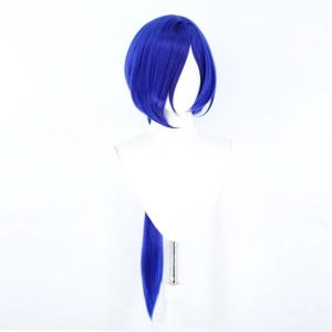High-quality blue cosplay wig for Promethia from Zenless Zone Zero ZZZ featuring a long pre-styled lantern braid and a realistic side-parting.
