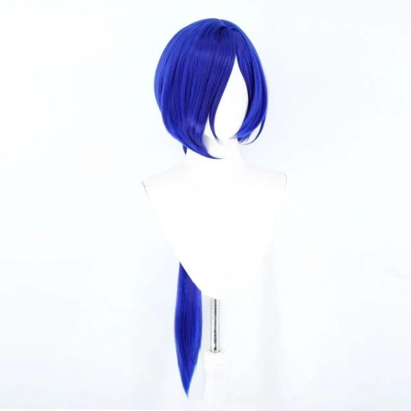 High-quality blue cosplay wig for Promethia from Zenless Zone Zero ZZZ featuring a long pre-styled lantern braid and a realistic side-parting.