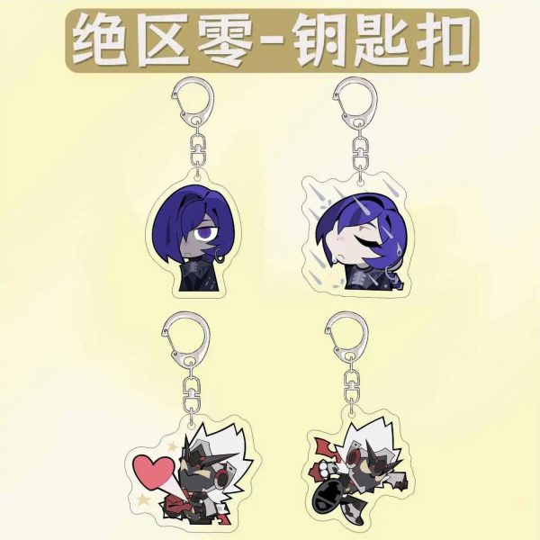 Collection of four ZZZ chibi acrylic keychains featuring Pulomiya and Billy Kid with funny emoji expressions like sad rain and blowing hearts