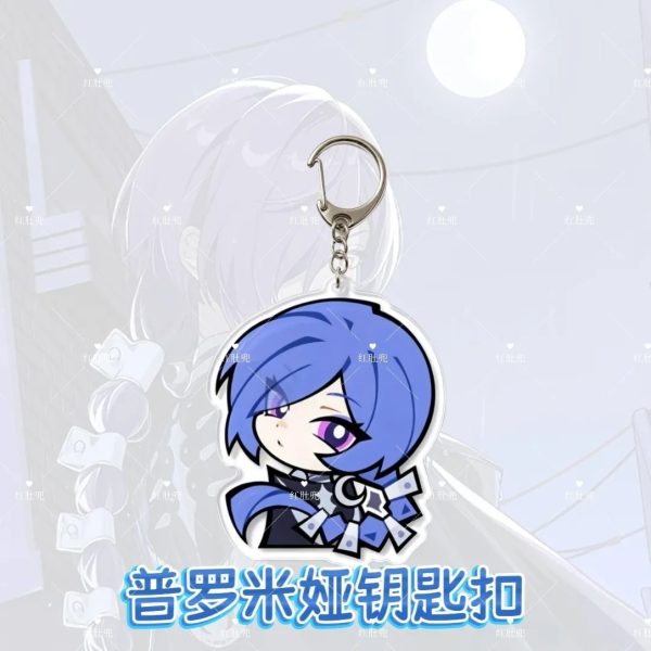 A high-definition chibi Promeia acrylic keychain from Zenless Zone Zero, featuring blue hair, purple eyes, and a cute expressive face