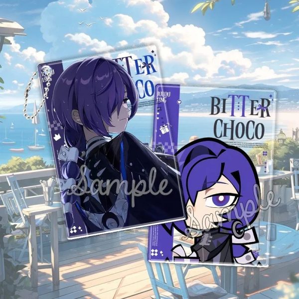 High-transparency ZZZ Promeia acrylic transparent cards in various styles, including a "Bitter Choco" design and an adorable chibi version with a dog, held up against a sunny background.