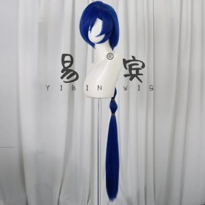 Premium blue cosplay wig for Promeia from Zenless Zone Zero featuring a pre-styled long lantern braid and a realistic simulated scalp parting.