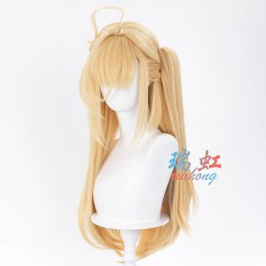 High-quality blonde ZZZ Cissia cosplay wig on a mannequin, featuring a 45cm claw clip ponytail and a realistic top scalp.