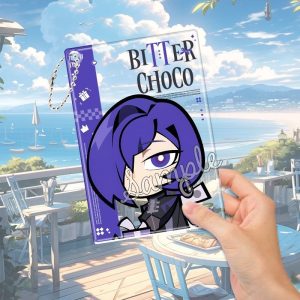 High-transparency ZZZ Promeia acrylic transparent cards in various styles, including a "Bitter Choco" design and an adorable chibi version with a dog, held up against a sunny background.